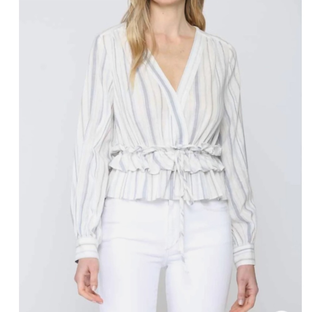 Striped Long Sleeve Peplum Top In Ivory And Blue